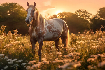 Horse in a flower field during sun rise with beautiful trees in the background..