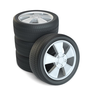 High Quality Car Wheels, Isolated on White Background. 3D Rendering
