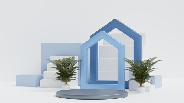 Round podium with house shape and stair decoration, real estate product  exhibition show, 3D rendering.
