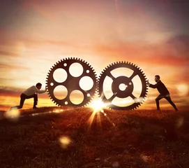 Tuinposter Men push two gears at sunset on mountain. Cooperation at work concept © Designpics
