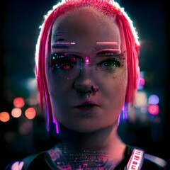 Full length potrait of an android with pink hair and a barcode above her left eye intricate detail neopunk streets at night cinematic lighting octane render 