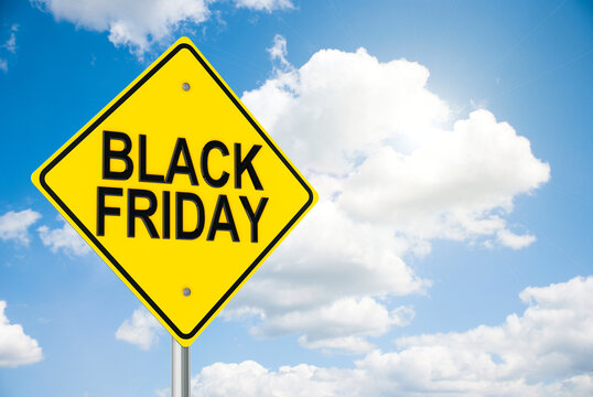 Three-dimensional rendering of road sign Black Friday on the blue sky, 3D illustration