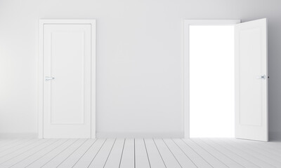 Two doors in empty room. 3D illustration. Choice concept