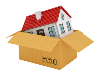 House with red roof in open cardboard box. Isolated on white. 3d rendering