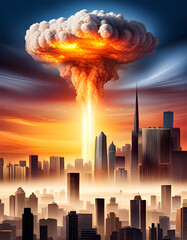 illustration of a nuclear bomb detonating over a modern city with a mushroom cloud rising into the sky