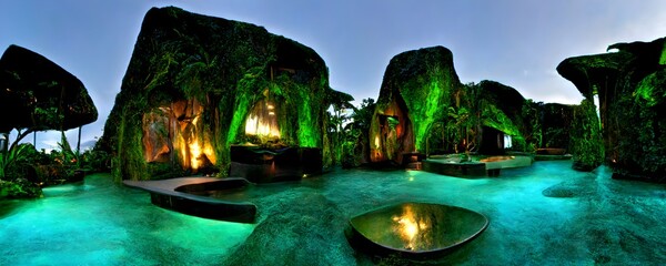Luxurious tropical ecopunk flourishing paradise landscape architecture secluded hot tub spa pool grotto bar nightclub at sunset with sunbeams and light rays waterpark designed by Jean Nouvel and 