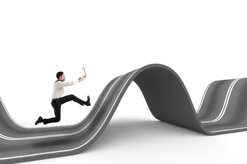 Businessman with the computer runs on a winding road. 3D Rendering
