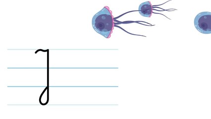 J letter writing like jellyfish cartoon animation. A compatibile part of the alphabet serie. Handwriting educational style for children. Good for education movies, presentation, learning alphabet, etc