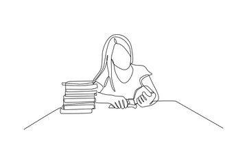Single one line drawing happy student reading and preparing for examination. Education and leisure concept. Continuous line draw design graphic vector illustration.