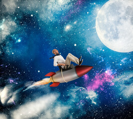 Obraz na płótnie Canvas Businessman flying over a rocket in the universe. Increase the climb to success concept