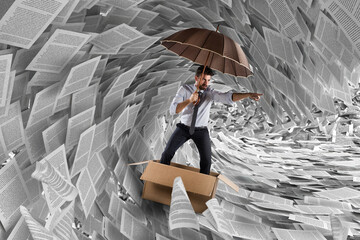 Concept of the storm of bureaucracy with a man sailing in a carton in the sea of sheets - obrazy, fototapety, plakaty