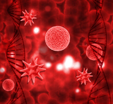 3D render of a medical background with DNA strands and virus cells
