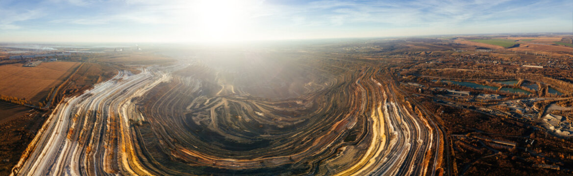 Open pit mine in mining and processing plant, aerial view