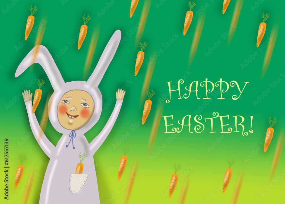 Sticker Colorful Happy Easter greeting card with rabbit boy and carrots