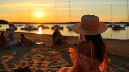 woman with straw hat on sunset  beach, on the horizon a silhouette of people relaxing  on  sand on the sea promenade in beach