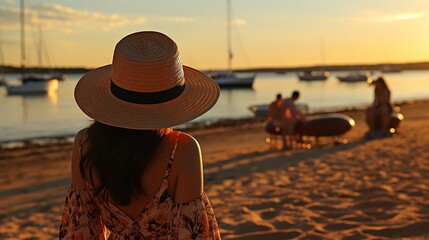 woman with straw hat on sunset  beach, on the horizon a silhouette of people relaxing  on  sand on the sea promenade in beach