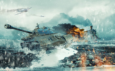Fototapeta premium Soviet battle tank on the background of the burning locomotive attacked in the cold winter