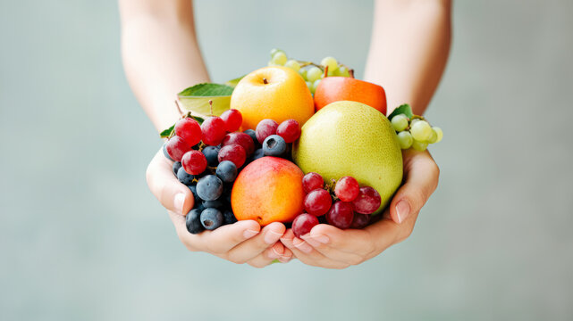 A simple and natural food concept. The idea of a healthy eating. Female hands hold many different fruits. Apples, lemons, grapes and small fruits. Soft shadows, natural look. Neutral gray background.