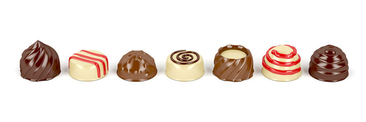 Variety of chocolate pralines on white background