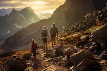 Family hiking in the mountains at sunset. Travel with children concept