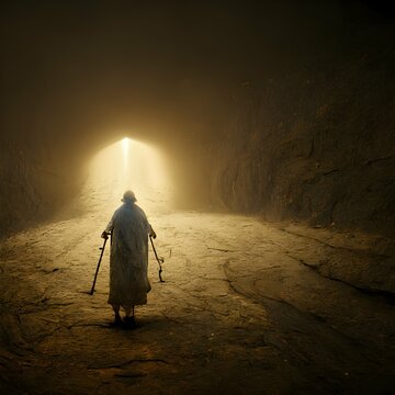 a blind hermit carrying a lamp wandering through the void 4k UHD unreal engine symbolic journey towards the light 
