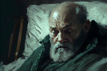 large view of an old sicked man laying on a dirty bed horror dark mysterious cold accent no details brushes strokes painterly 