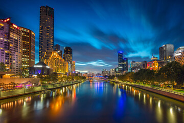 Cityscape image of Melbourne, Australia during twilight blue hour.