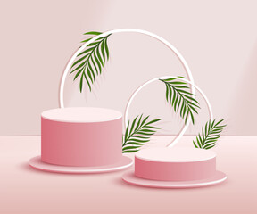 Fototapeta na wymiar 3d product podium and pedestal in red color with palm leaves. 3d rendering vector background view with podium. To display 3d cosmetic products.