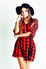 young pretty brunette girl hipster in hat on white background casual close up dreaming smiling. real american modern woman, lifestyle normal people concept