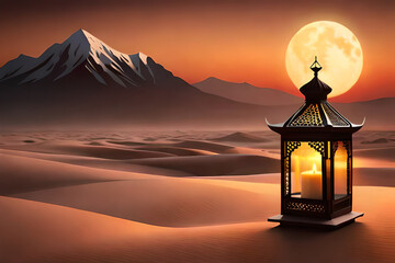 Ornamental Arabic lantern with burning candle glowing .