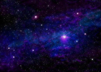 Fototapeta na wymiar Night Sky with Stars and Purple Blue Nebula. Space Background. Raster Illustration.