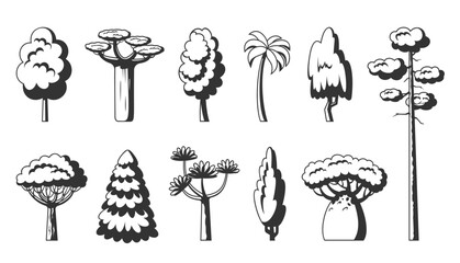 Tree icon set. Black stamp stencil of forest stylized eco plants side view. Dracaena willow cypress thuja pine oak poplar birch spruce maple baobab palm sequoia aspen alder ash linden acacia chestnut