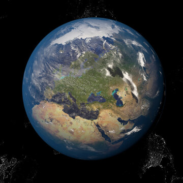 The Earth from space showing Europe and Africa. Other orientations available.