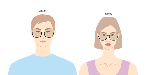 Obraz premium Butterfly frame glasses on women and men flat character fashion accessory illustration. Sunglass front view unisex silhouette style, rim spectacles eyeglasses, sketch style outline isolated on white