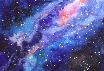 Space abstract hand painted watercolor background. Texture of night sky. Milky way. Hand draw painted galaxy with stars.