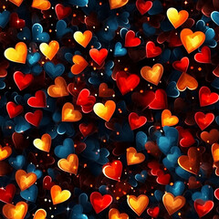 Seamless colored hearts pattern on black background. Ai generative.