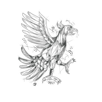 Tattoo style illustration of a glifo from the azteca's culture of a Cuauhtli showing an eagle in a fighting stance viewed from the side set on isolated white background.