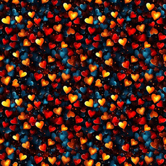 Seamless colored hearts pattern on black background. Ai generative.