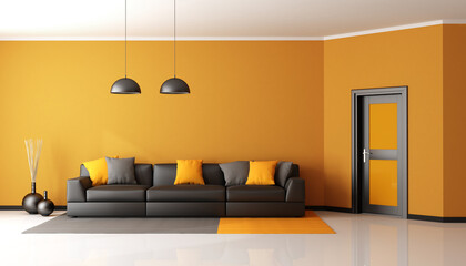 Black and orange living room with sofa and closed door - 3d rendering