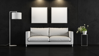 Modern living room with black concrete wall and white sofa - 3d rendering