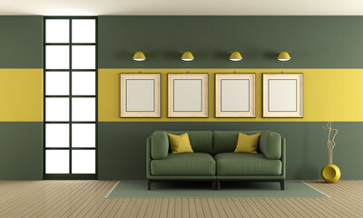 Green and yellow living room with sofa,blank frame and window - 3d rendering