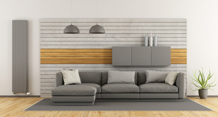White and gray modern living room with sofa and concrete panel on background - 3d rendering