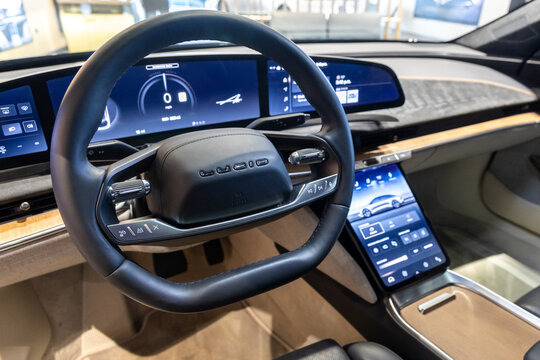 Plano Legacy West, Texas, USA - June 26, 2023: Vehicle interior of Lucid Air luxury electric car in showroom.