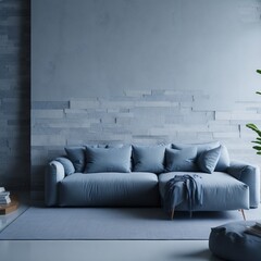 A minimalist living room featuring a light grey sofa, surrounded by plush pillows, and a natural stone wall.