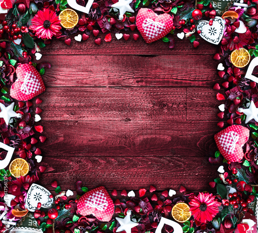 Wall mural valentine's day background with love themed elements like cotton and paper hearts, flowers, berries,