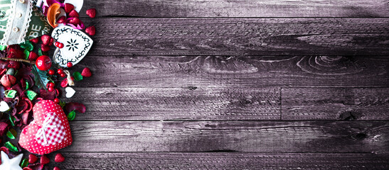 Valentine's Day Background with love themed elements like cotton and paper hearts, flowers,...