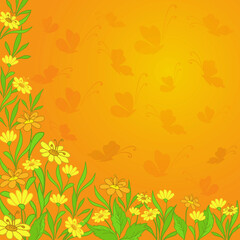 Background with yellow flowers and butterflies silhouettes