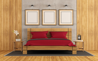 Wooden and concrete living room with double bed and nightstand - 3d rendering