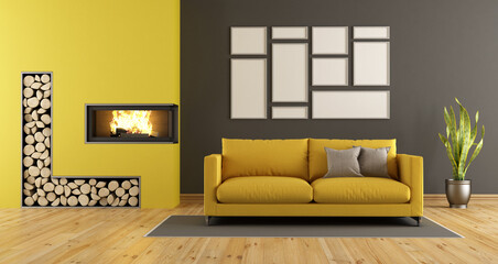 Black and yellow living room with fireplace and modern sofa - 3d rendering
