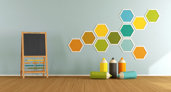 Playroom with hexagon decorations on wall and blackboard - 3d rendering
